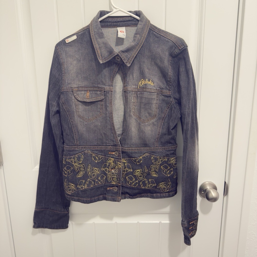 Akademiks Women's Black Faded Wash Stretch Denim Jacket Gold Design Size XL